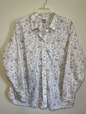 Duluth Trading Company White Floral Button Down Shirt Plum Mauve Print Size 1X